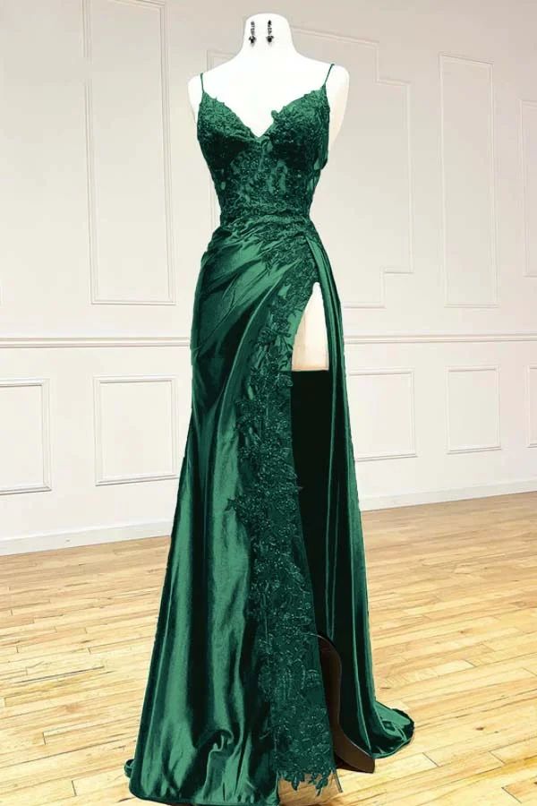 V Neck Satin Lace Long Prom Dress, Lace Long Evening Dress cg25050