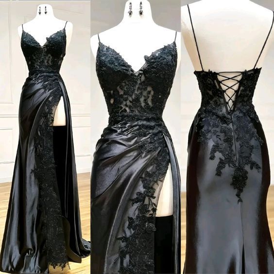 V Neck Satin Lace Long Prom Dress, Lace Long Evening Dress cg25050