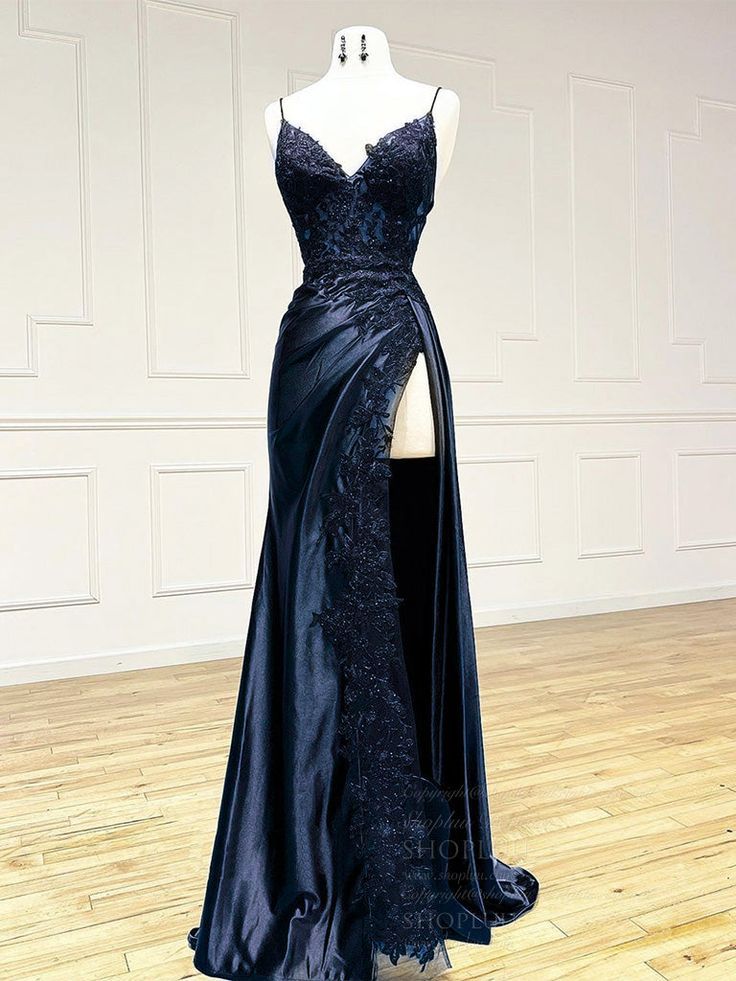 V Neck Satin Lace Long Prom Dress, Lace Long Evening Dress cg25050