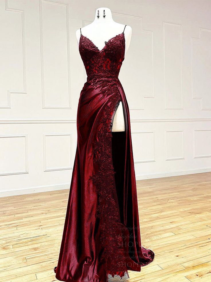 V Neck Satin Lace Long Prom Dress, Lace Long Evening Dress cg25050