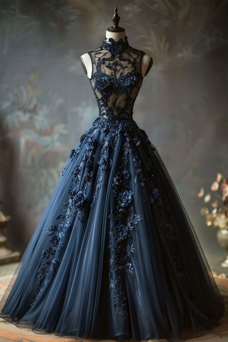 A Line Navy Blue Tulle High Neck Long Prom Dresses Charming Evening Dress cg25368