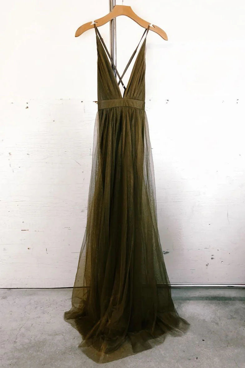 Simple v neck tulle long prom dress evening dress cg19818