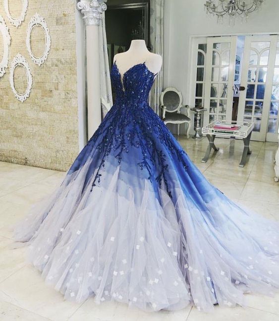 A-line Ombre Prom Dress With Applique Royal Blue Prom Dresses Long Evening Dress cg1566