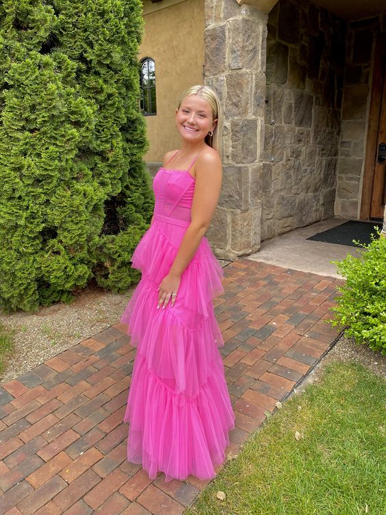 Princess Hot Pink Long Prom Dress Layered Tulle Sleeveless Corset Gown,Evening Dresses cg24859