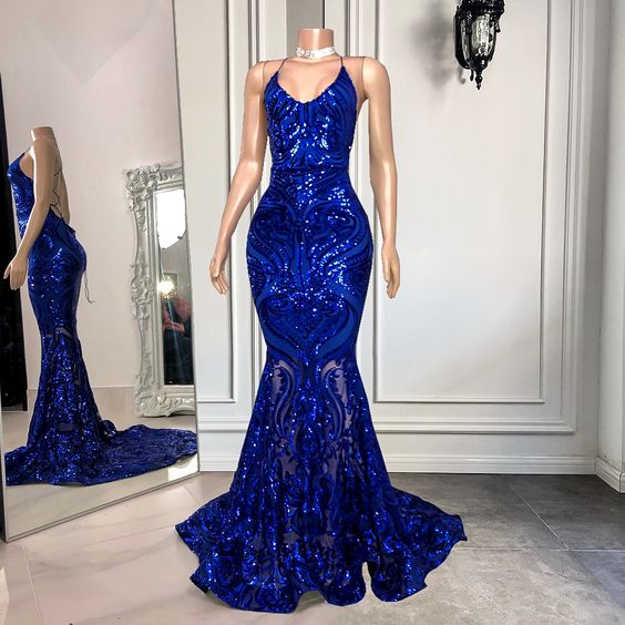 Royal blue prom dress, spaghetti prom dress, lace prom dresses, sparky prom dress cg24874