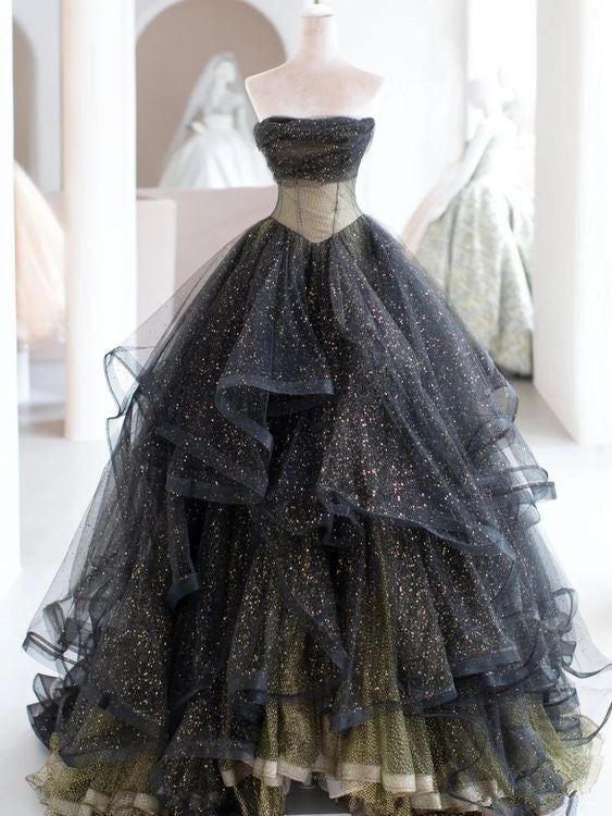 Black ball gown long prom dress, black evening dress cg24833