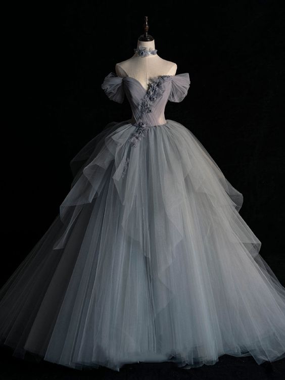 Gray sweetheart neck tulle long prom dress, gray evening dress cg24834