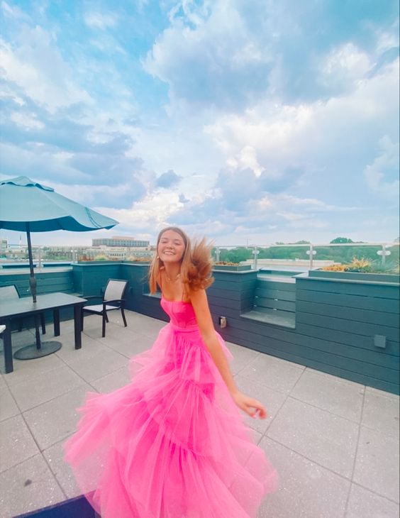 Princess Hot Pink Long Prom Dress Layered Tulle Sleeveless Corset Gown,Evening Dresses cg24859
