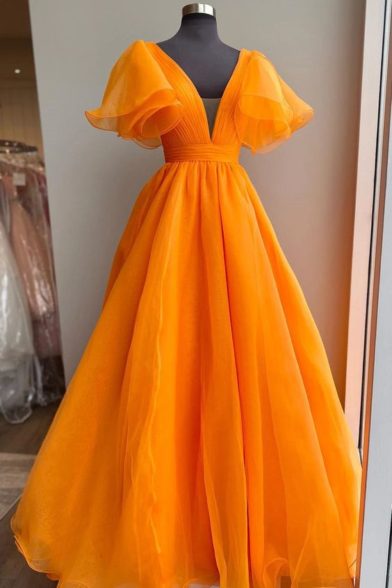 Short Sleeves Orange Long Prom Dresses, Orange Long Formal Evening Dresses cg24855