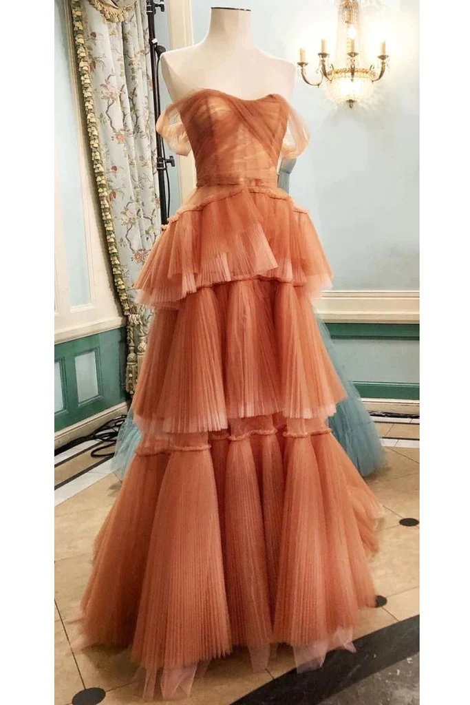 Off The Shoulder Tulle Tiered Long Prom Dress, A Line Evening Gown cg24857