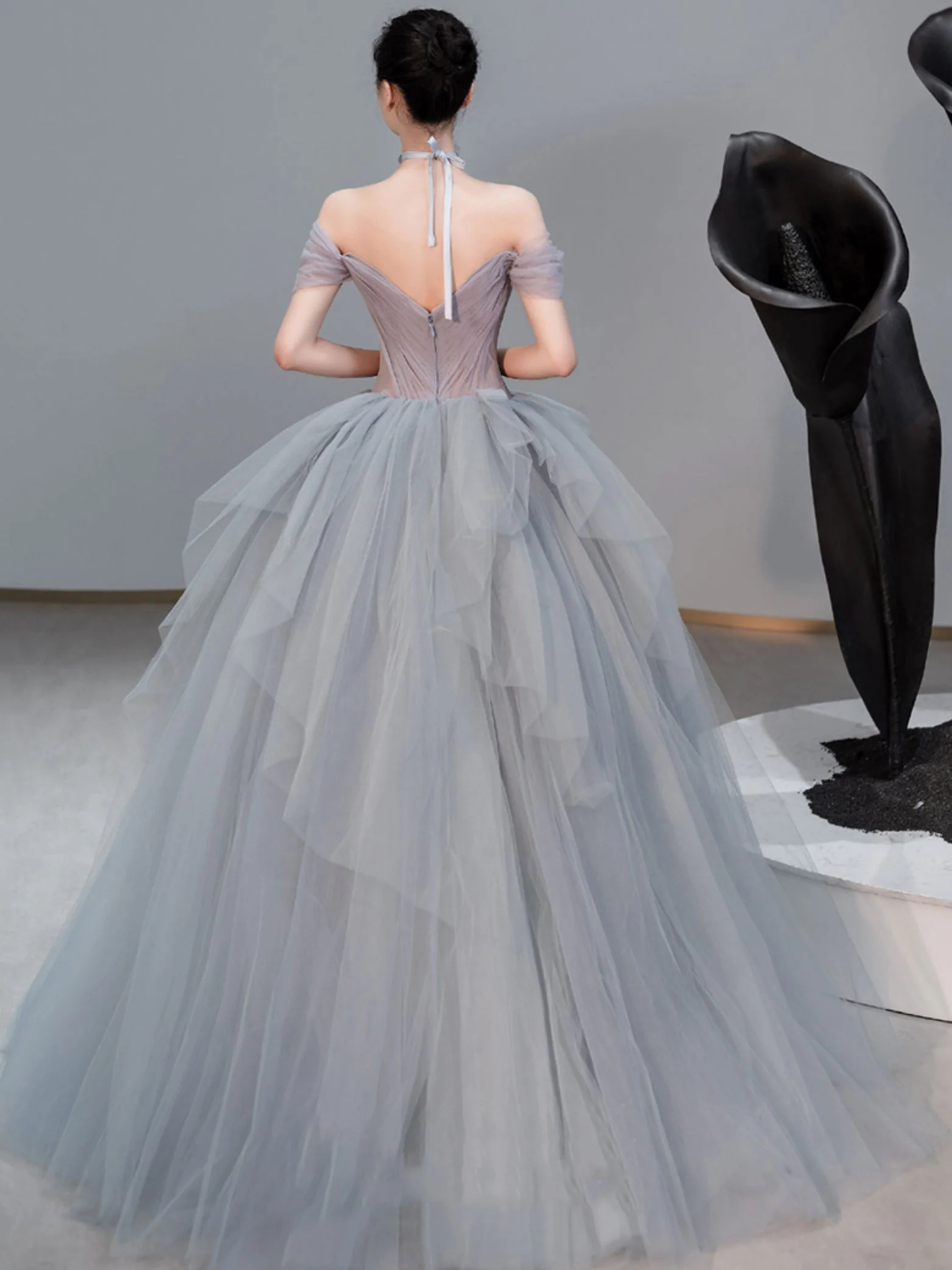 Gray sweetheart neck tulle long prom dress, gray evening dress cg24834