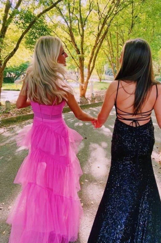 Princess Hot Pink Long Prom Dress Layered Tulle Sleeveless Corset Gown,Evening Dresses cg24859