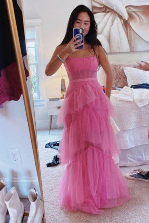 Princess Hot Pink Long Prom Dress Layered Tulle Sleeveless Corset Gown,Evening Dresses cg24859