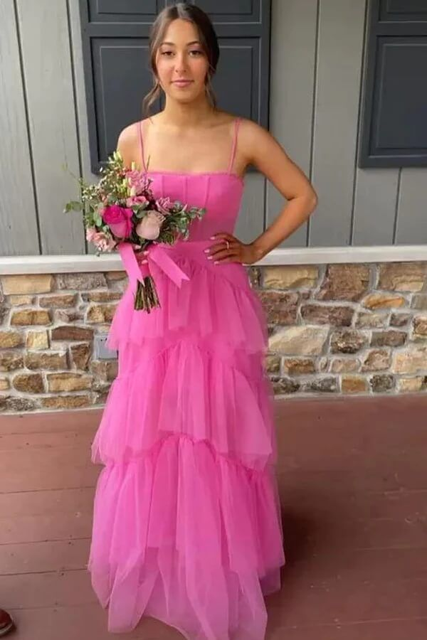Princess Hot Pink Long Prom Dress Layered Tulle Sleeveless Corset Gown,Evening Dresses cg24859