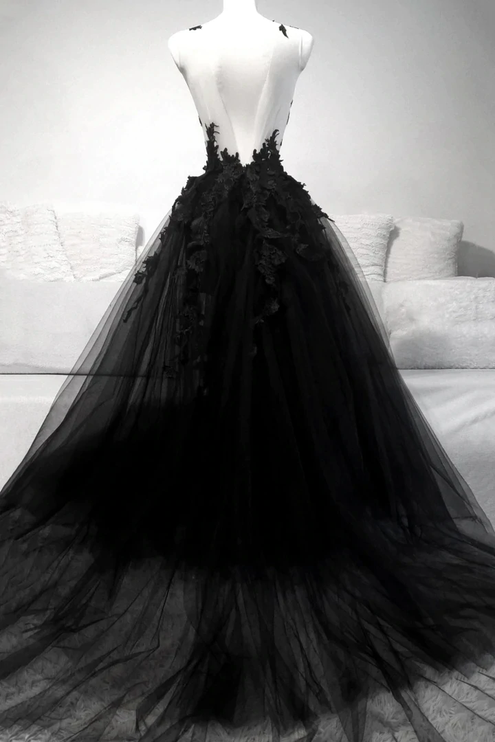 Black V Neck Lace Long Prom Dress A Line Evening Dress cg22385