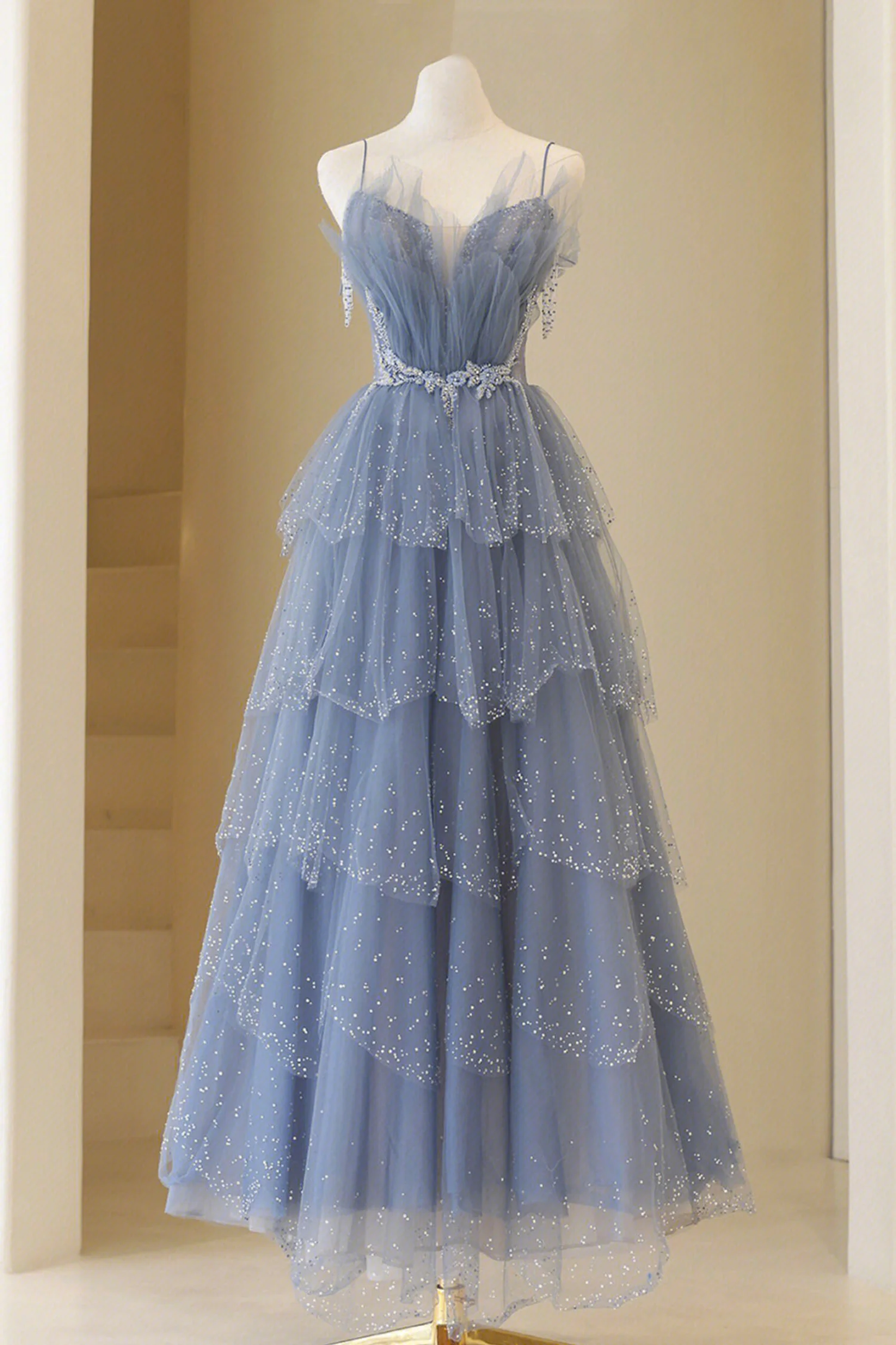 Blue Tulle Layers Straps Beaded Long Prom Dress, Blue A-Line Evening Dress cg24964