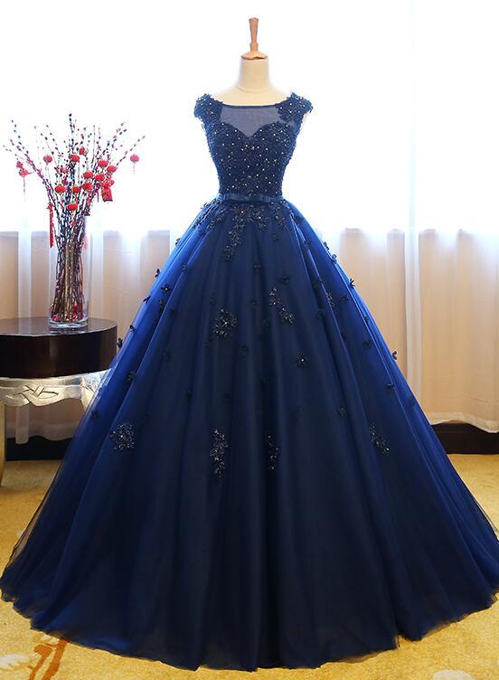 Navy Blue Tulle Cap Sleeves Quinceanera Dresses, Blue Beaded Ball Gown Party Dress prom dress evening dress cg11552