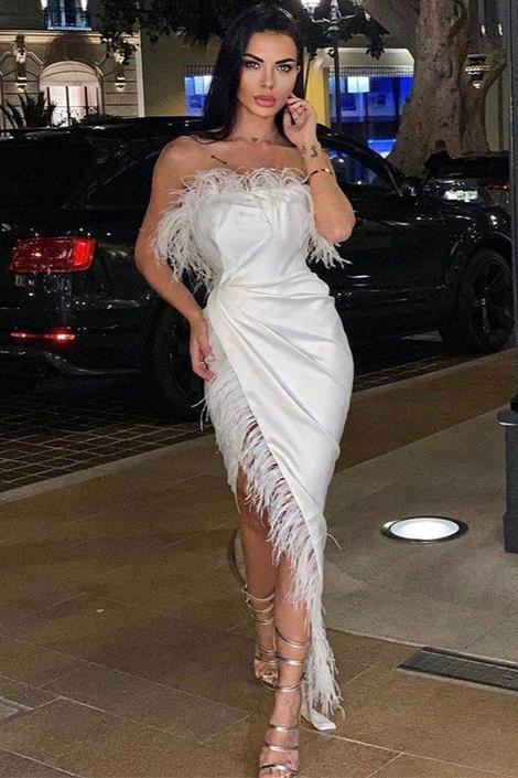 Sexy Strapless Feather Prom Dress With Front Split cg12566