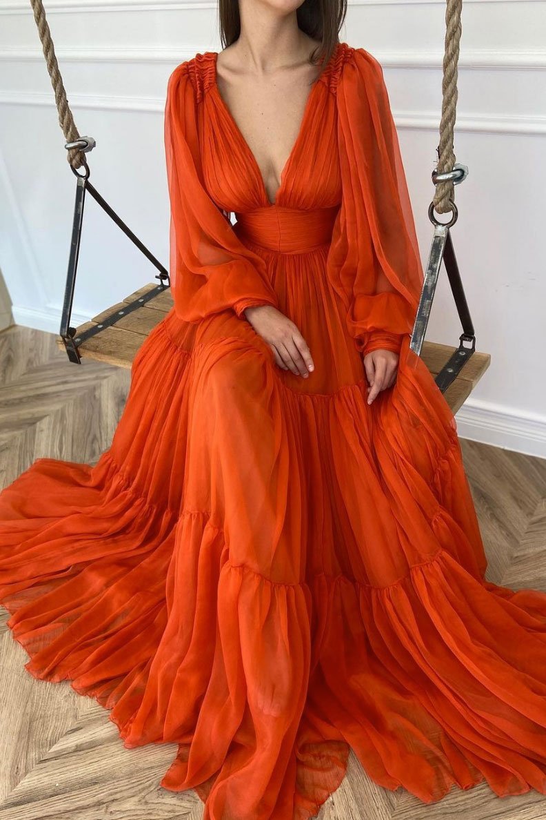 Orange v neck chiffon long prom dress orange evening dress cg13567