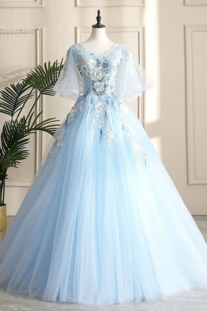 Floor Length Blue Evening Party Dress School V-neck Lace Flowers Lace-up Back Fashionable Long Prom Dress Ball Gown cg13884