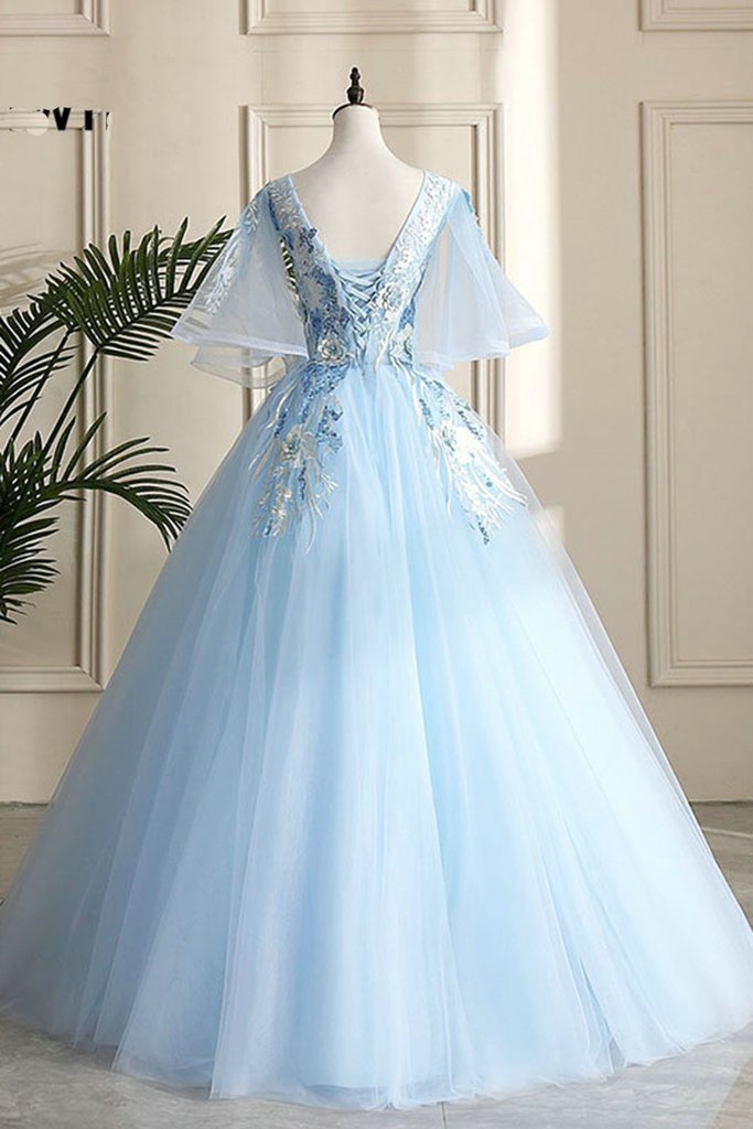Floor Length Blue Evening Party Dress School V-neck Lace Flowers Lace-up Back Fashionable Long Prom Dress Ball Gown cg13884