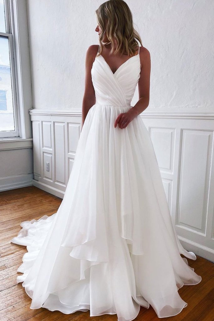 SIMPLE WHITE V NECK TULLE LONG PROM DRESS WHITE TULLE FORMAL DRESS cg14016