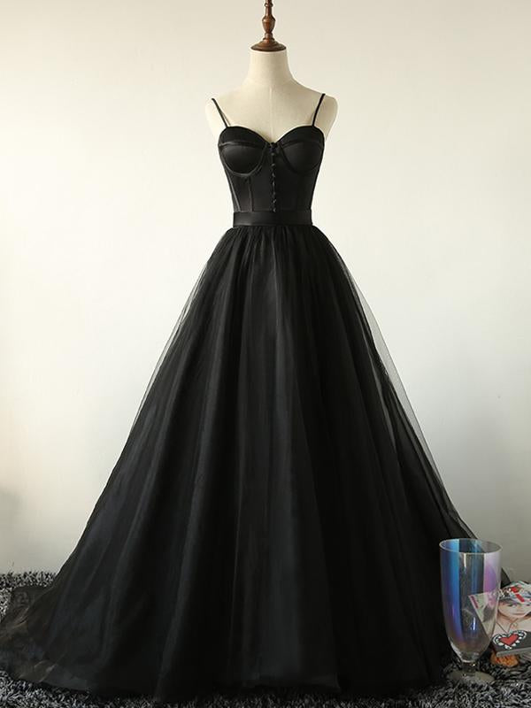 Ball Gown Spaghetti Straps Black Tulle Prom Dress Long Brush/Sweep Train Prom/Evening Dress cg1429