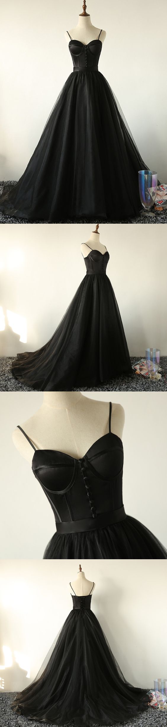 Ball Gown Spaghetti Straps Black Tulle Prom Dress Long Brush/Sweep Train Prom/Evening Dress cg1429