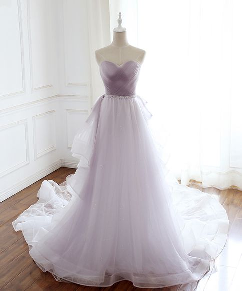 Sweetheart neck light lavender tulle long beaded evening prom dress cg14710