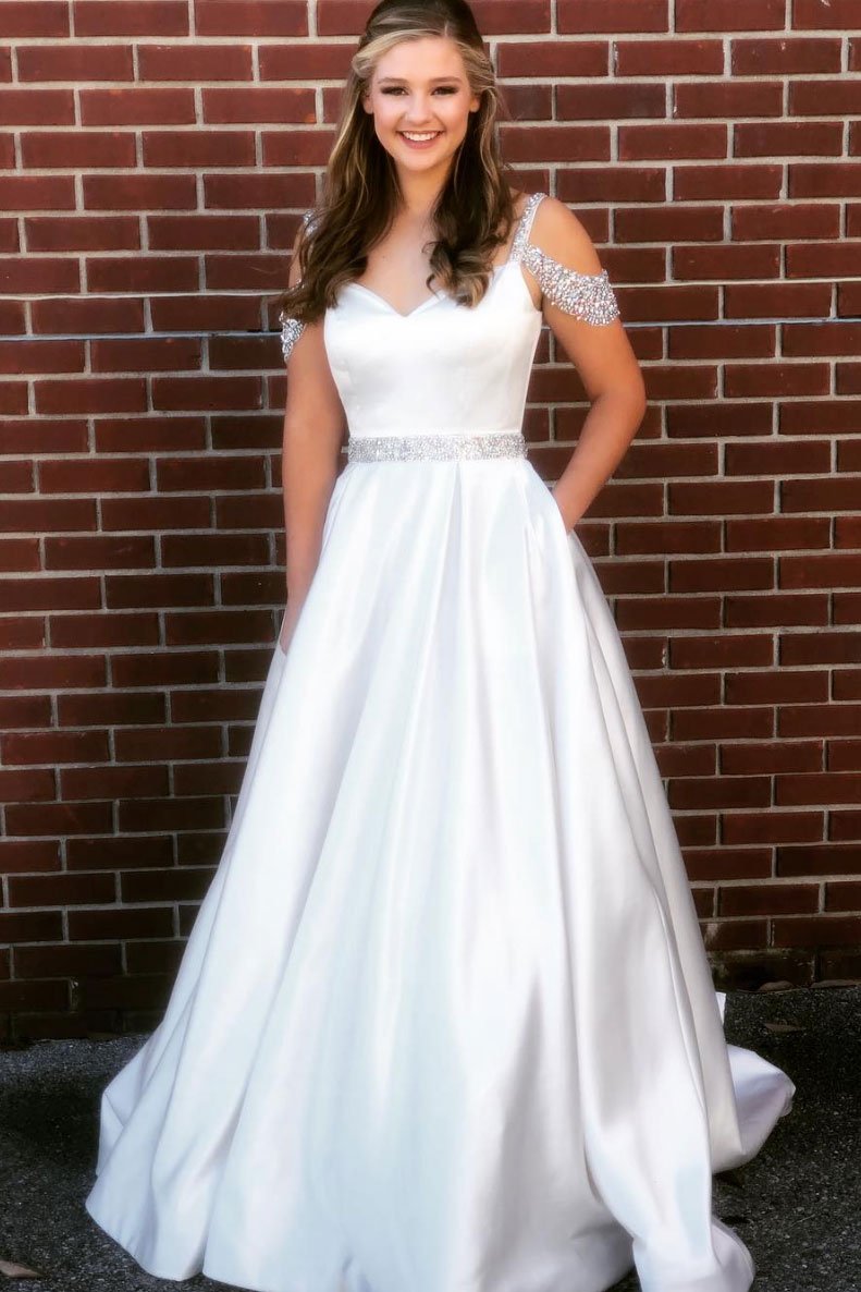 White v neck satin sequin beads long prom dress white evening dress cg14716