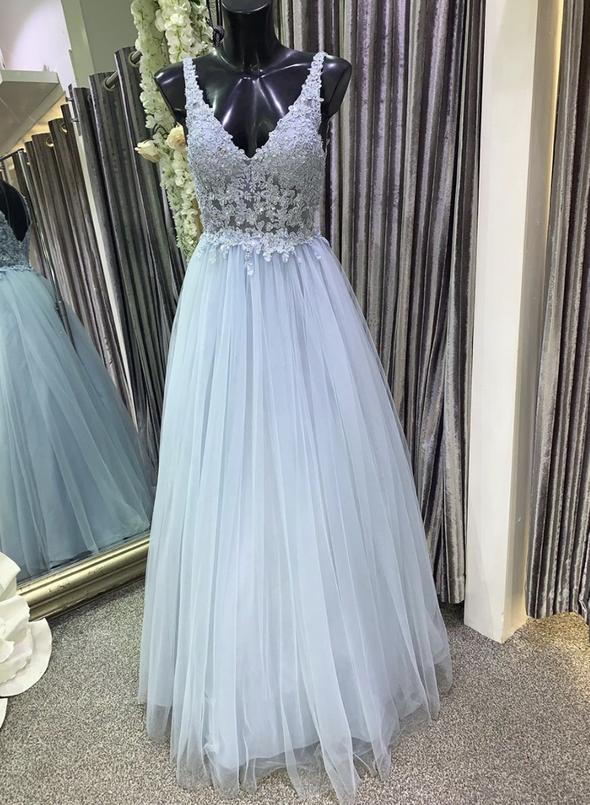 Blue v neck tulle lace long prom dress evening dress cg14993