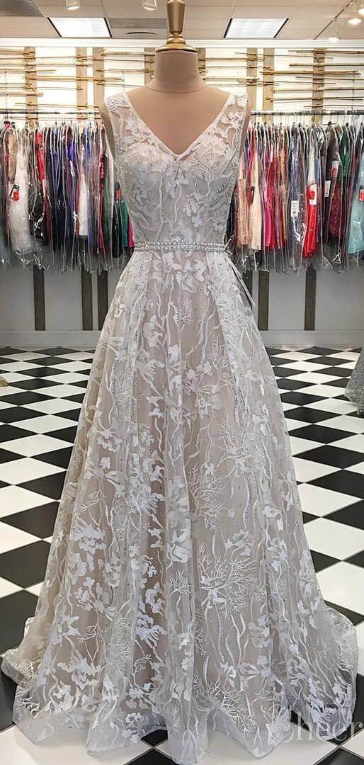 Unique Lace Long Prom Dresses V Neck Beaded Formal Dress Evening Gown cg1515