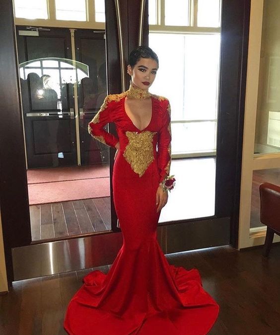 Red Mermaid Prom Dress With Gold Lace cg15230