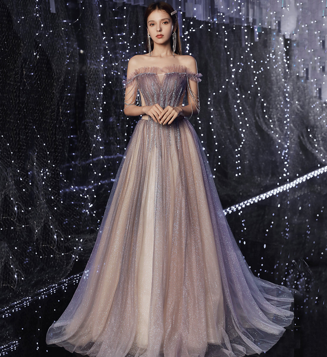 SHINY TULLE SEQUINS LONG PROM DRESS EVENING DRESS cg15626