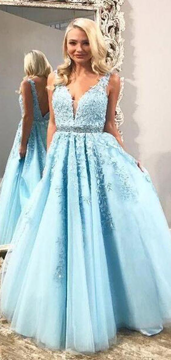 Charming Blue V-Neck Tulle Prom Dresses With Lace cg15831