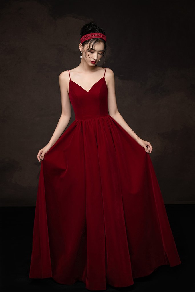 SIMPLE V NECK BURGUNDY LONG PROM DRESS BURGUNDY BRIDESMAID DRESS cg15886