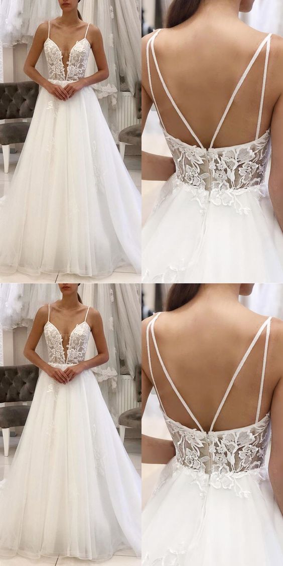 Sexy Deep V Neck Spaghetti Straps Lace and Tulle Bride Wedding Dresses Prom Dress cg16612