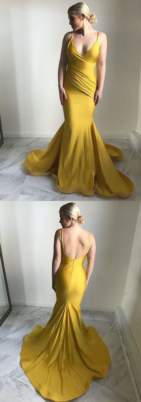 Yellow Backless Spaghetti Straps Bodycon Mermaid Simple Prom Dress Formal Gown cg16712