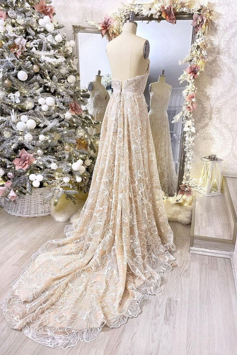 Champagne v neck lace long prom dress champagne evening dress cg16881