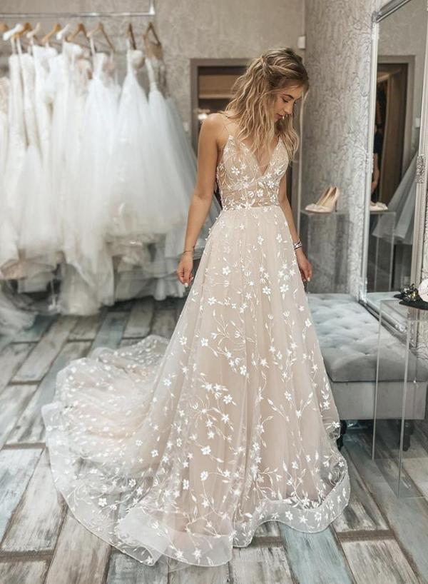 A line v neck tulle applique long prom dress cg17149