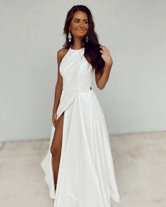 White Satin Simple Prom Dress, Sleeveless Prom Dress cg17447