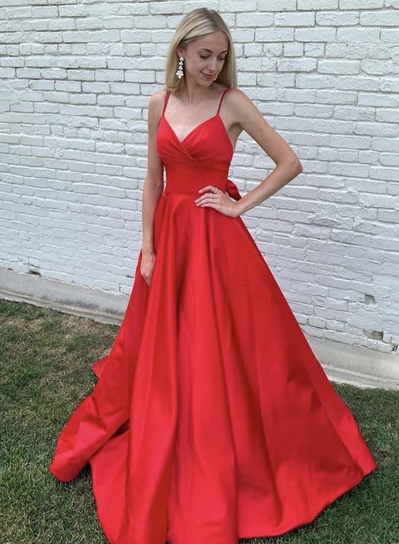Red Satin V Neck Long Simple Prom Dress Red Evening Dress cg17880