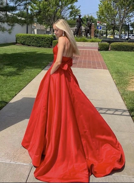 Red Satin V Neck Long Simple Prom Dress Red Evening Dress cg17880