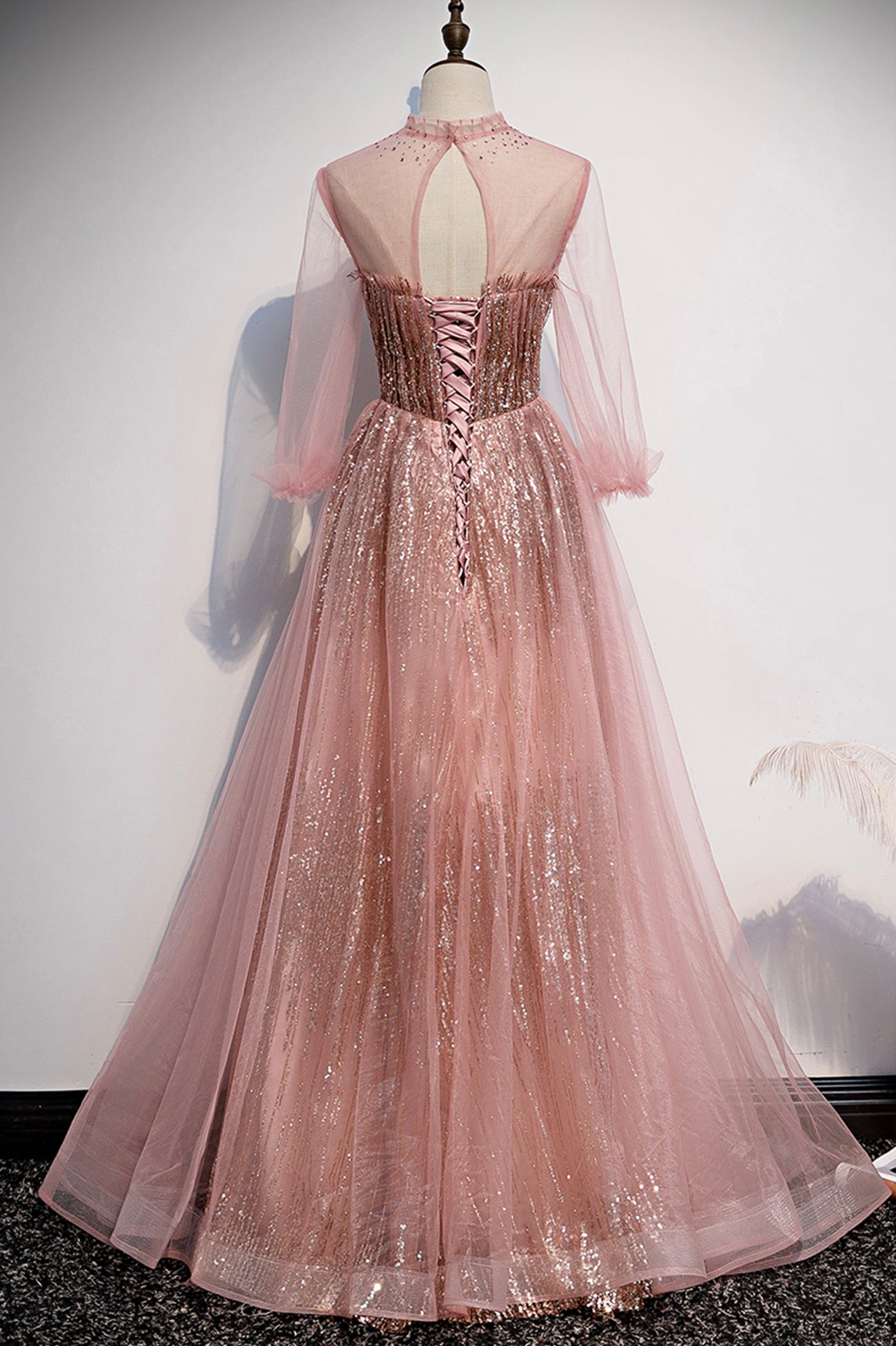 PINK TULLE SEQUINS LONG PROM DRESS PINK EVENING DRESS cg17900