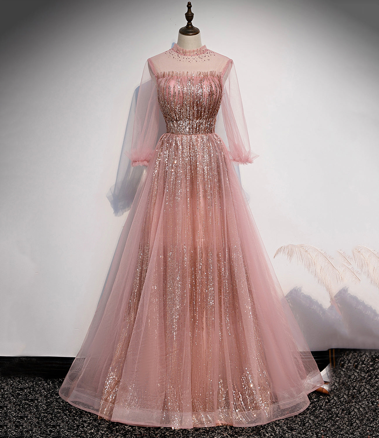 PINK TULLE SEQUINS LONG PROM DRESS PINK EVENING DRESS cg17900