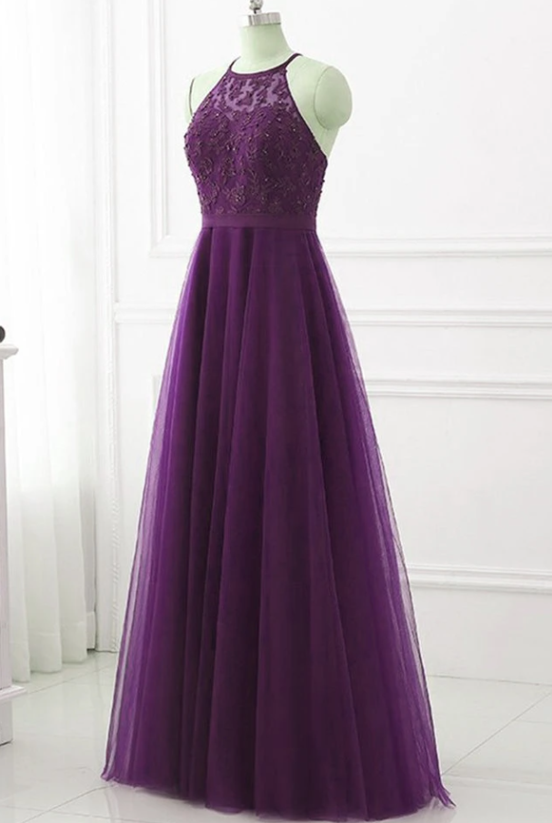 Purple Halter Tulle With Lace Applique Long Prom Dress, A-Line Floor Length Party Dress cg18202