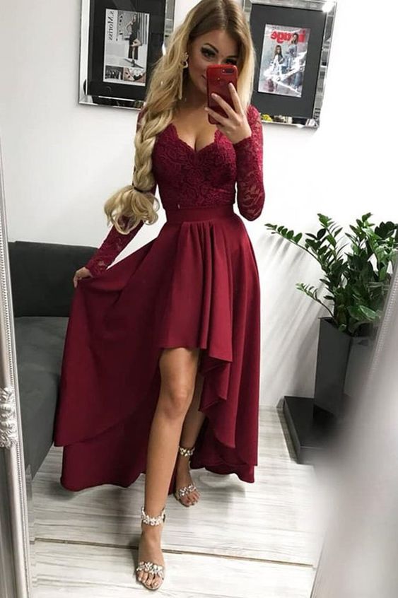 High Low Long Sleeves V Neck Prom Dress, Burgundy A Line Graduation Dress with Lace cg1824