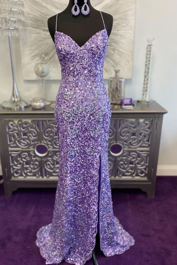 2021 straps mermaid lavender sequined long prom dress with side slit cg18581