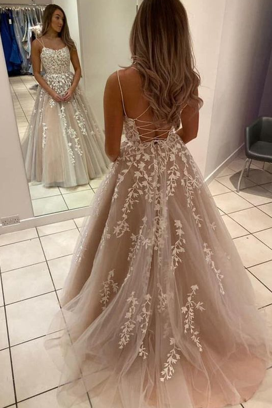 A Line Backless Lace Long Prom Dress Long Evening Dress cg19146