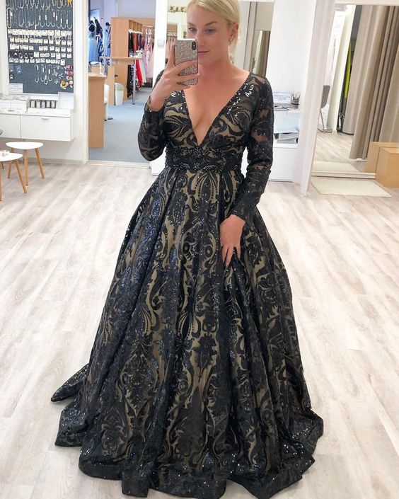 V-Neck Long Sleeve Prom Dresses, Long Prom Dress, Simple prom dress cg19590